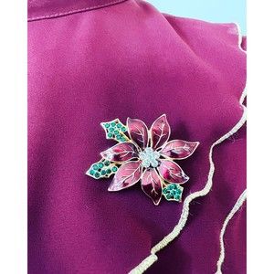 1970s Vintage Liz Claiborne Jeweled Poinsettia Christmas Brooch Gift signed MINT